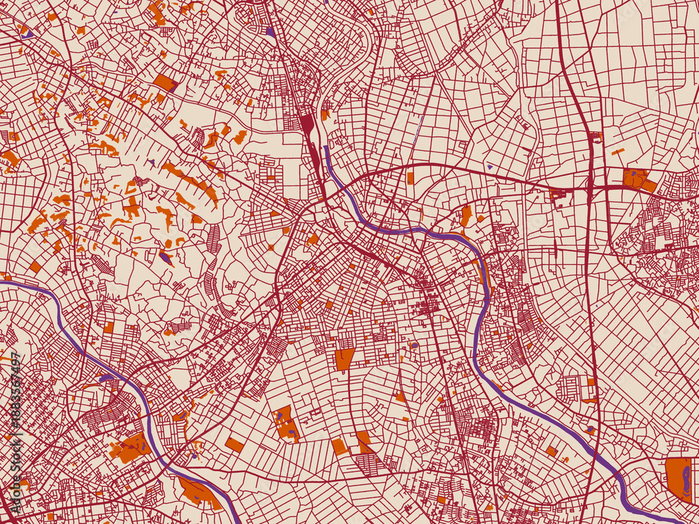 Obraz premium Cartographic city illustration of Kasukabe, Japan — minimal cream city base with wine-red streets, terracotta accents and soft purple water areas
