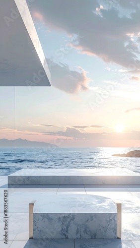Minimalist Seascape with Geometric Architecture and Serene Sunset.