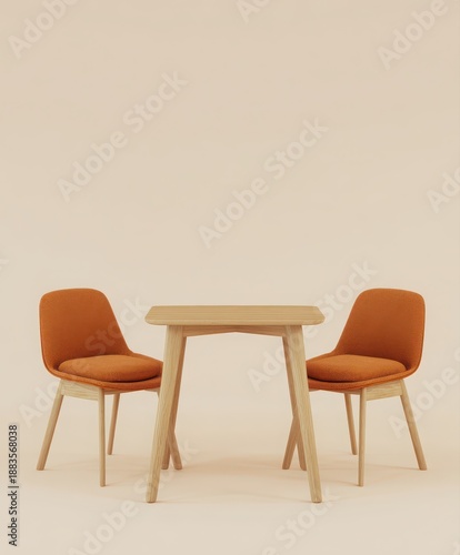 a small square wooden table with two modern dining chairs on either side. 