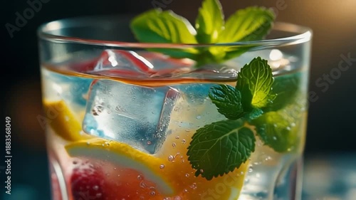 Refreshing citrus cocktail with ice and mint garnish in a glass