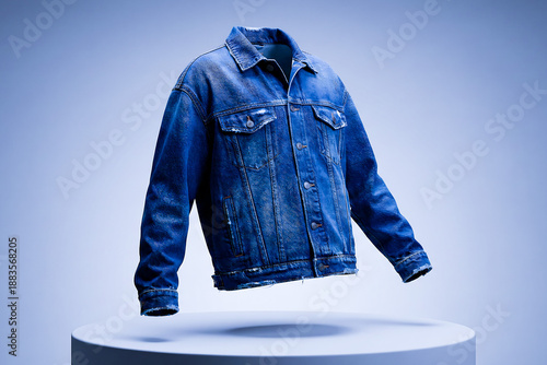 A stylish blue denim jacket with a distressed finish floating above a pedestal