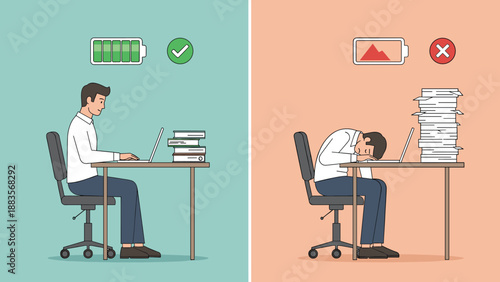 Visual comparison illustrating a person with full energy working productively on a laptop versus a fatigued person exhausted and sleeping on the keyboard, representing productivity and burnout.