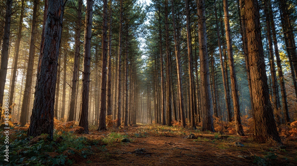 Fototapeta premium Evergreen Line of Pines Creating Depth in Serene Woodland Landscape