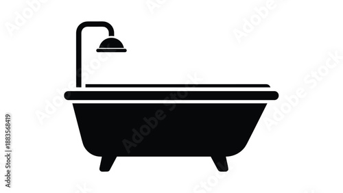 Simple black silhouette icon of a bathtub with a shower head, representing a bathroom fixture or the concept of bathing, hygiene, and personal care.