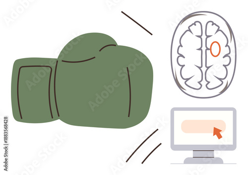 Brain trauma, sports safety, online healthcare, rehabilitation, physical diagnosis, virtual therapy. Green boxing glove, brain diagram computer screen with pointer. Brain trauma and sports safety