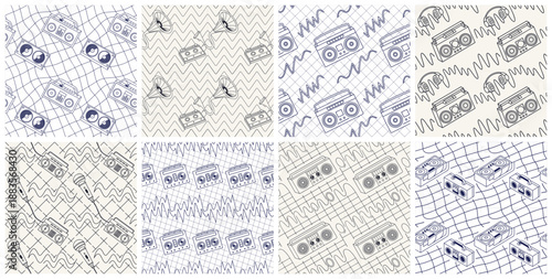 Set of 8 seamless retro audio patterns featuring vintage boomboxes, microphones, cassette tapes, and musical equipment in hand-drawn line art style
