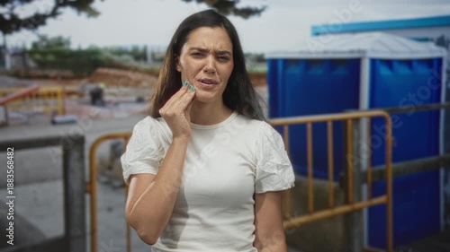 Woman in white shirt pressing her cheek for toothache at building site near temporary barrier fencing; pain.