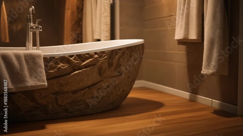 Luxurious stone bathtub with towel in modern bathroom interior, warm lighting