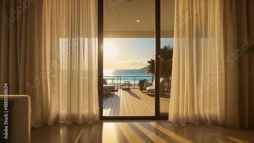 Luxurious modern living room with ocean view at sunset, serene atmosphere, elegant decor