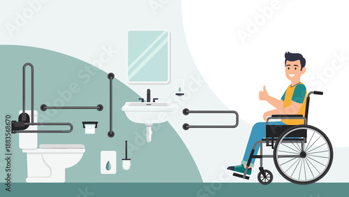 Happy man in a wheelchair giving a thumbs-up in an accessible bathroom, featuring grab bars, a low sink, and an accessible toilet, promoting inclusivity and universal design.