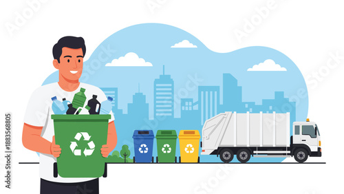 Smiling man holding a green recycling bin filled with plastic bottles, with colorful recycle bins and a garbage truck in a city background, promoting waste management and sustainability.