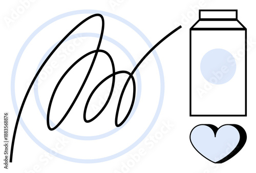 Dairy products, packaging design, minimal art, food industry, nutrition, health awareness. Abstract elements with a milk carton, heart shape and circular pattern. Dairy and packaging concepts