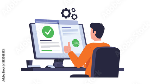 Man giving a thumbs-up while working on a computer with a successful report and a checkmark on the screen, representing business success, efficiency, and positive results.