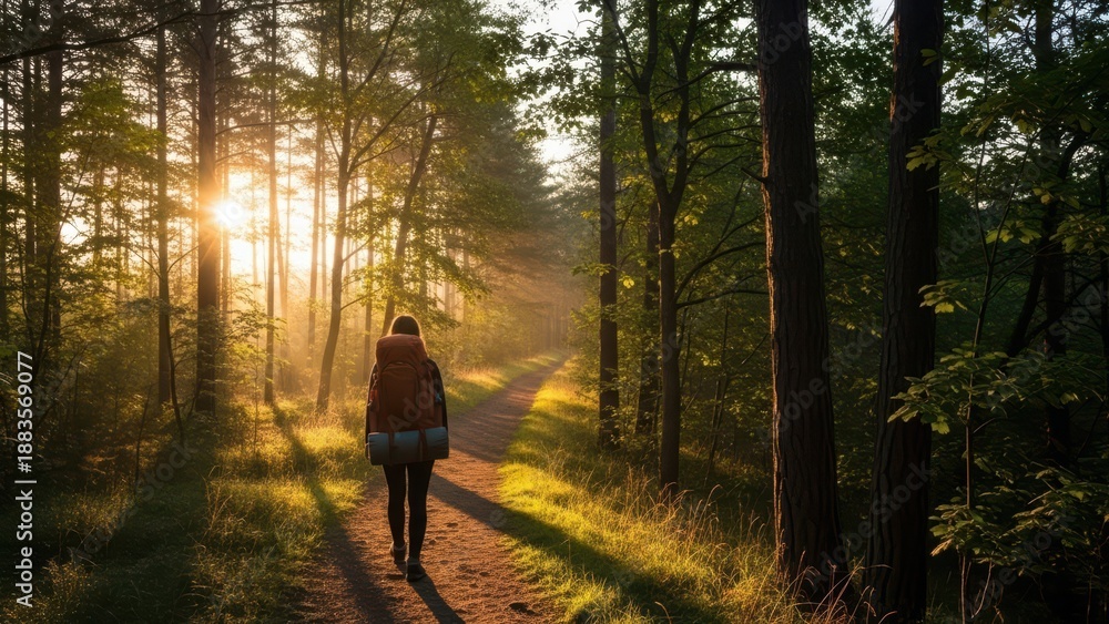 Obraz premium Hiker walking on forest path at sunrise with sunbeams and lens flare