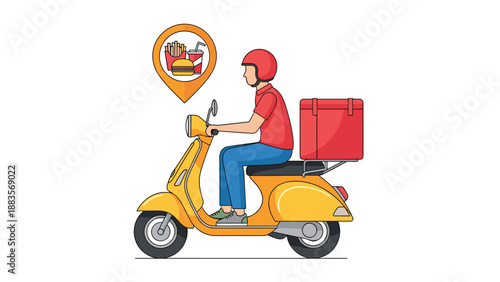 Delivery man on a yellow scooter with a food delivery box, and a location pin icon showing fast food items, symbolizing efficient food delivery services and urban convenience.