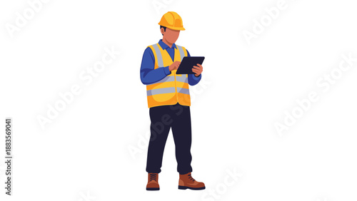 Male construction worker wearing a yellow hard hat and safety vest, holding and looking at a digital tablet, representing modern technology and efficiency in construction management.
