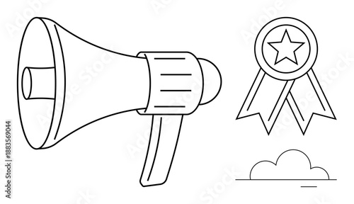 Marketing, communication, recognition, advertising, announcements, success. Outline of a megaphone, star ribbon and cloud. Marketing and communication concepts for campaigns and promotions