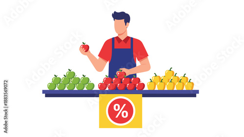 Greengrocer standing behind a stall with piles of colorful apples (green, red, yellow) and a "percentage off" sign, representing fresh produce sales, discounts, and market commerce.