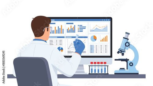 Male laboratory scientist reviewing data and charts on a computer screen while holding a test tube, with a microscope nearby, representing scientific research and data analysis.