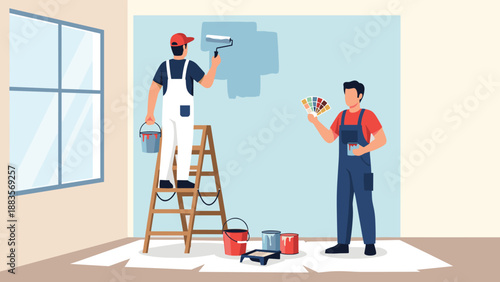 Two professional painters, one on a ladder painting a wall blue, and the other holding a color palette, depicting teamwork and expertise in home renovation and interior design.