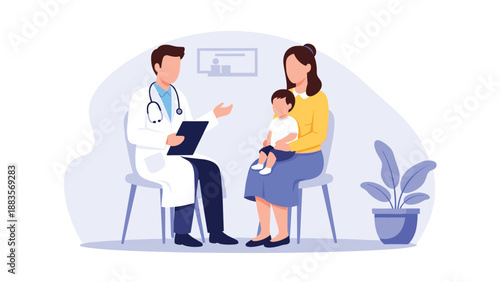 Pediatrician in a white coat consulting with a mother holding her young child, representing a healthcare visit for a child's well-being and parental concerns.