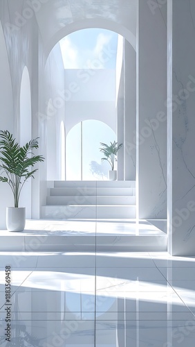 Minimalist White Architecture - Serene Interior with Natural Light and Green Plants.