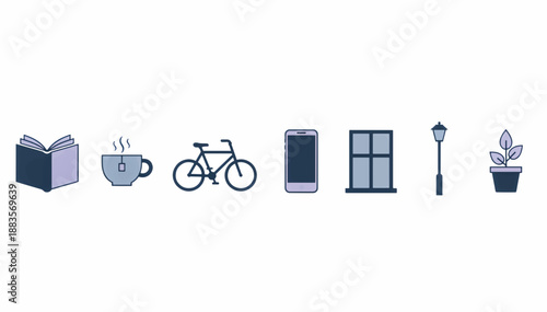 Everyday lifestyle icon set with blue and purple color palette. Flat design vector illustration of book, tea, bike, phone, window, lamp and plant
