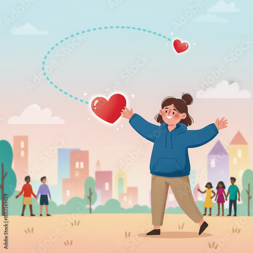 Happy girl shares love in a community, creating a boomerang effect of kindness and positivity. Flat design illustration for concepts of caring and giving.. Vector illustration