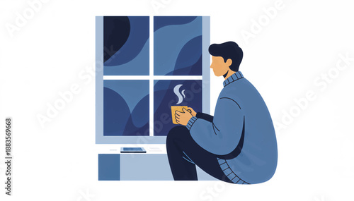 Man sitting on window sill drinking hot coffee. Flat design vector illustration of person relaxing at home. Cozy winter evening concept