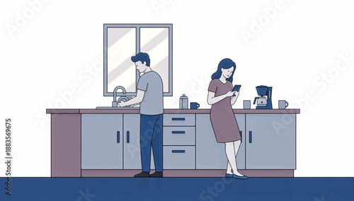 Couple in kitchen with man washing dishes and woman using smartphone. Domestic evening routine vector illustration. Flat design characters at home