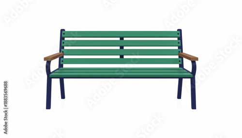 Green wooden park bench isolated on white background. Flat vector illustration of outdoor furniture. Public seating object
