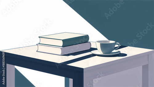 Stack of books and coffee cup on table. Flat design vector illustration of study concept. Minimalist reading scene with blue tones