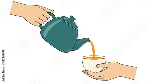 Hands pouring tea from teapot into cup. Vector illustration of serving hot beverage. Flat design concept