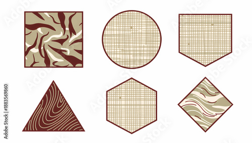 Geometric shapes with fabric and paper textures icon set. Minimalist vector illustration of sensory materials. Flat design elements isolated on white background