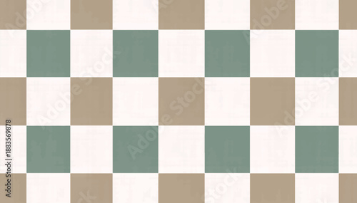 Seamless checkered pattern with linen texture. Minimalist geometric vector illustration. Beige and sage green square grid background