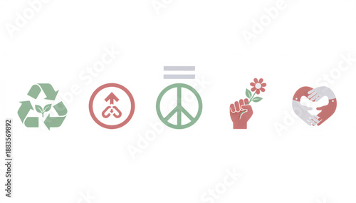 Soft rebellion and social justice icon set. Minimalist flat design vector illustration of peace, equality, and environmental symbols. Activism and human rights concept isolated on white