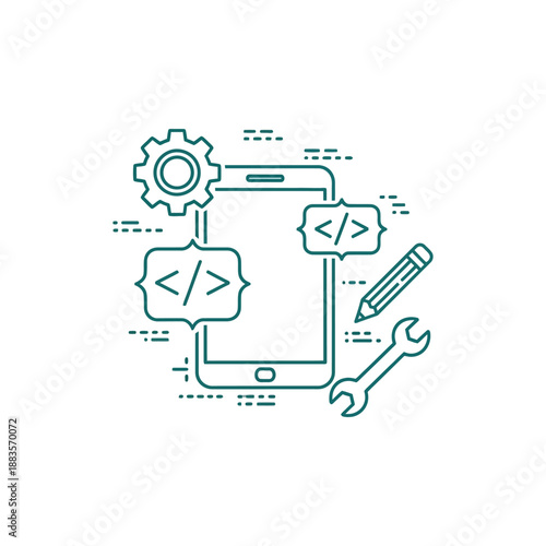 A developer designs a mobile app with coding symbols and tools nearby on screen.
