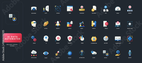 Gradient flat style icons set with artificial intelligence, automation, data processing, digital technology, and science concepts on dark UI background vector illustration.