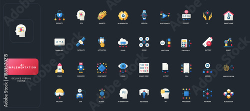 Gradient flat style icons set with artificial intelligence, technology, automation, robotics, data, and smart systems on dark UI background vector illustration.