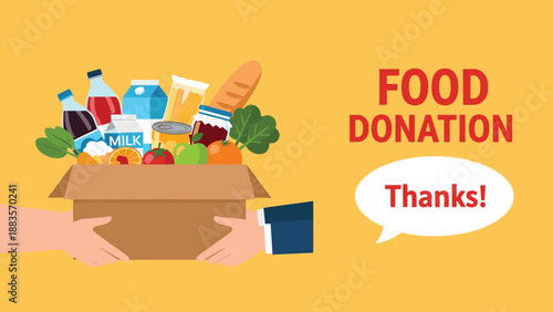 Two people holding a cardboard box overflowing with various food items, with "FOOD DONATION" and "Thanks!" in speech bubbles, symbolizing charity and community support.