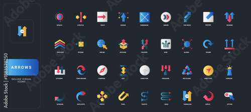 Gradient flat style icons set with diverse arrow directions, navigation, movement, and interface symbols on dark UI background vector illustration for modern digital concepts.