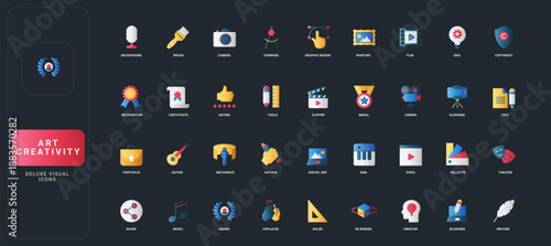 Gradient flat style icons set with art, creativity, media, music, design, and writing elements on dark UI background vector illustration for diverse creative and digital concepts.