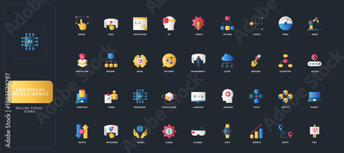 Gradient flat style icons set with artificial intelligence, machine learning, data science, neural networks, cloud computing, and digital innovation on dark UI background vector illustration.