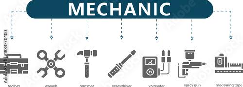 Mechanic Infographic 7 Automotive and Industrial Tool Icons in Grey Silhouettes for Repair Manuals, Maintenance and Manufacturing Presentations