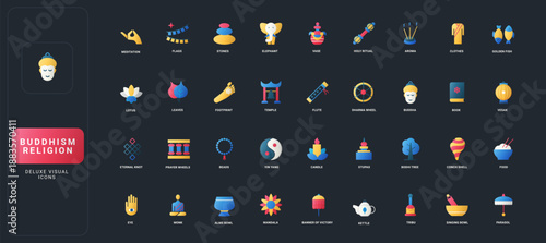 Gradient flat style icons set with Buddhist symbols, rituals, objects, and spiritual elements on dark UI background vector illustration, representing diverse aspects of Buddhism tradition.