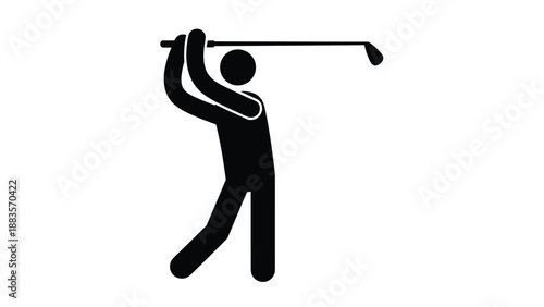 Simple black silhouette stick figure icon of a person playing golf, swinging a golf club, representing golf as a sport, leisure activity, or hobby.