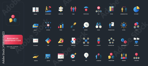Gradient flat style icons set with business, teamwork, communication, finance, and strategy concepts on dark UI background vector illustration for professional cooperation themes.