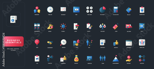 Gradient flat style icons set with business management, finance, planning, teamwork, analytics, and workflow concepts on dark UI background vector illustration.
