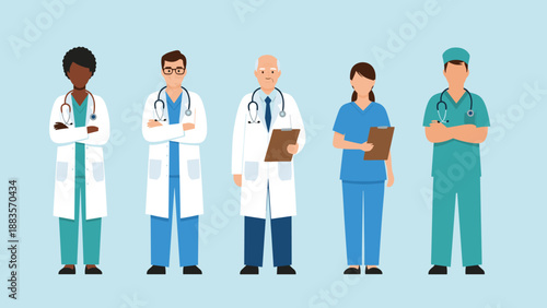 Diverse group of five doctors and medical professionals in various uniforms, including scrubs and white coats, standing confidently, representing healthcare workers and medical team.