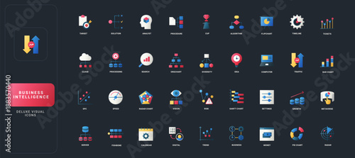 Gradient flat style icons set with business intelligence, analytics, data visualization, and digital process elements on dark UI background vector illustration.